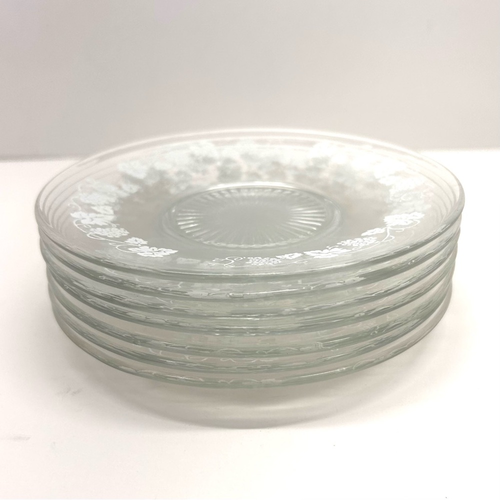 Anchor Hocking Clear Glass White Grape Vine Leaf Saucer Vtg Plates Set 7
